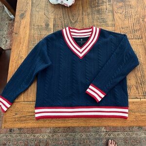 Tuckernuck v- neck Navy Sweater with Red and White Accents, Turner pullover